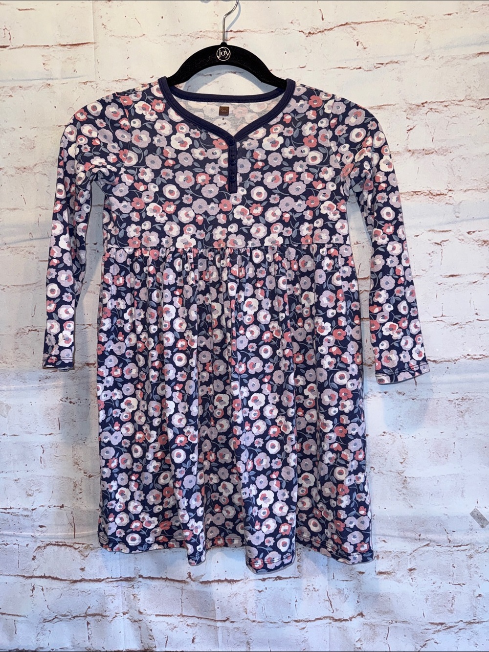 Tea Girls Navy Long-Sleeve Floral Knit Henley Dress 8 cotton v neck